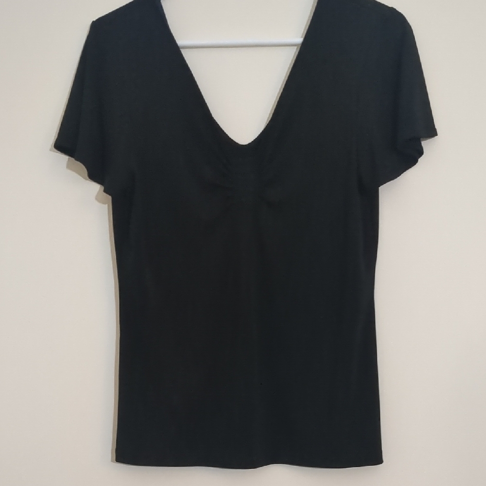 Nine West Black Blouse Short Sleeve V Neck Front and Back Sz L
